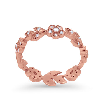 Leaf Design Ring Round Eternity Rose Tone, Simulated Cubic Zirconia 925 Sterling Silver